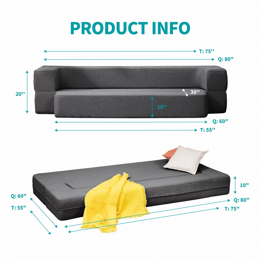 Folding Convertible Sleeper Sofa Bed Queen Memory Foam Dark Grey X256597