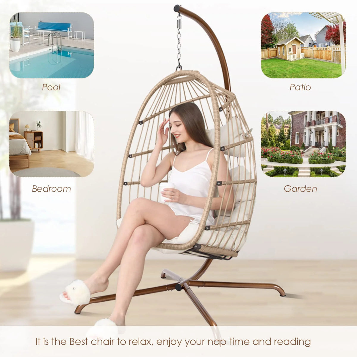 Foldable Brown PE Wicker Hanging Egg Chair with Stand K98788