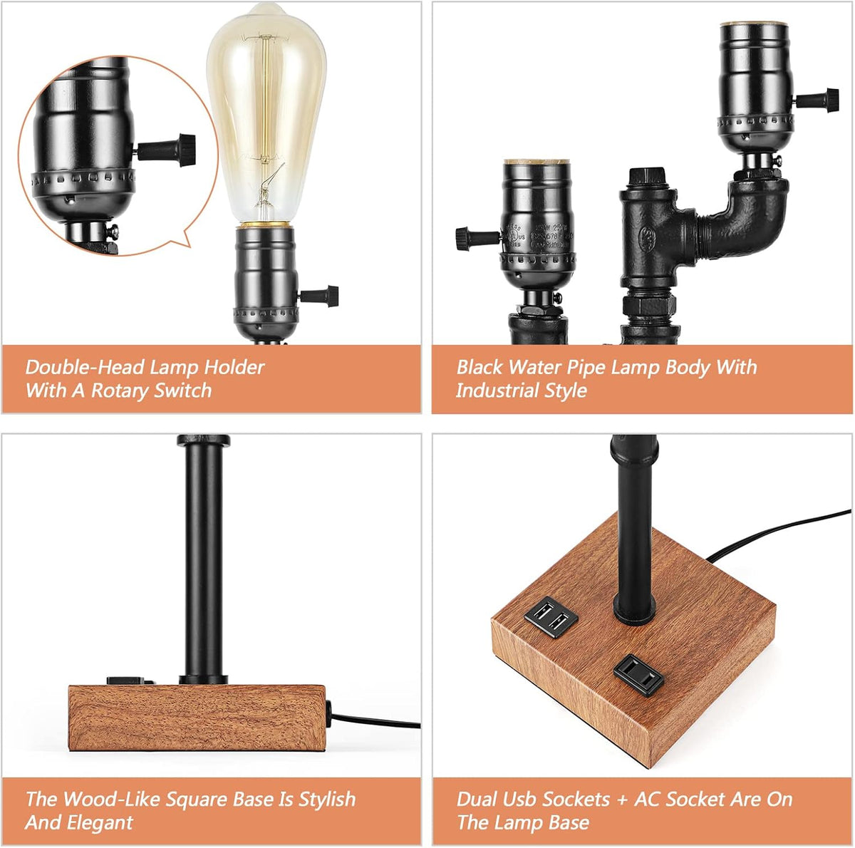 Industrial Table Lamp with 2 USB Ports AC Outlet Wood Base D7394