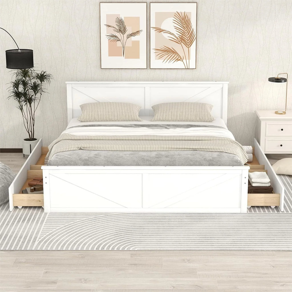 White Wood Platform Bed Frame with 4 Storage Drawers U6498