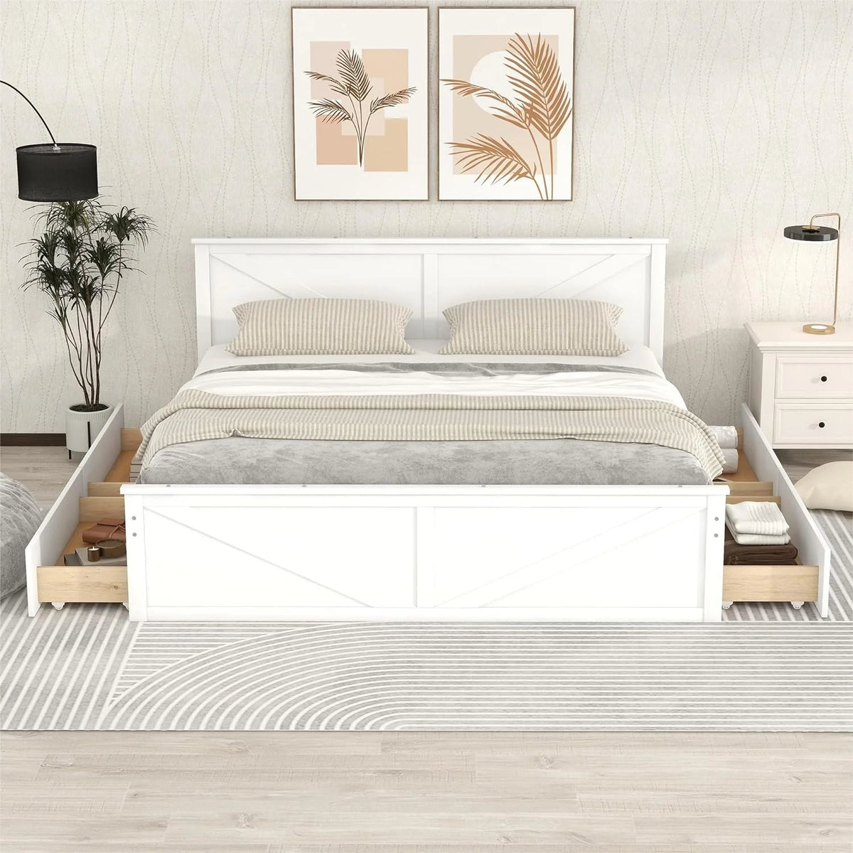 White Wood Platform Bed Frame with 4 Storage Drawers U6498