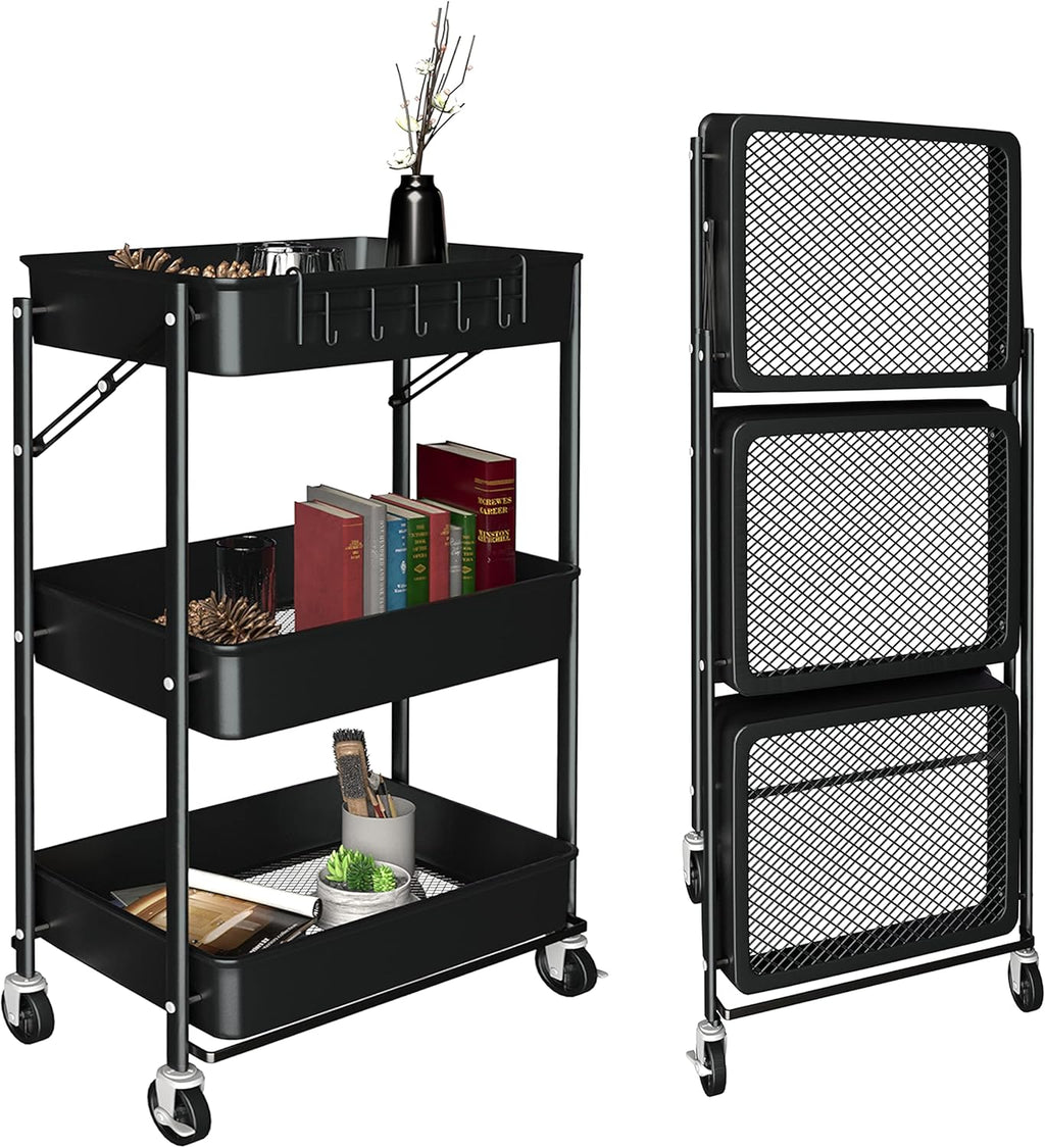 White 3 Tier Foldable Metal Rolling Cart with Wheels C1143