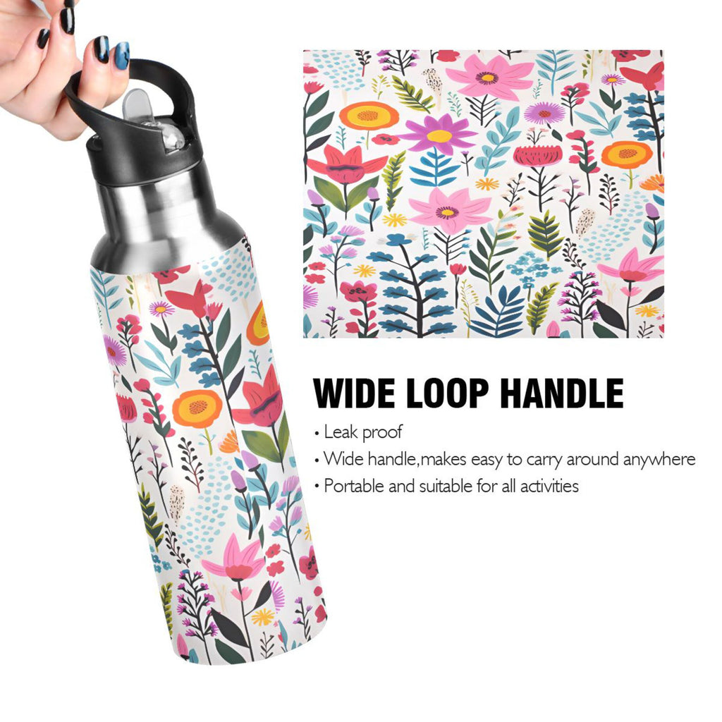 Pink Blue Flowers Stainless Steel Insulated Water Bottle with Straw Lid S540543
