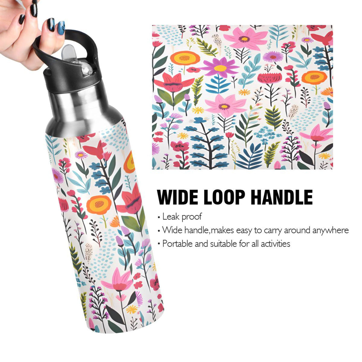 Pink Blue Flowers Stainless Steel Insulated Water Bottle with Straw Lid S540543
