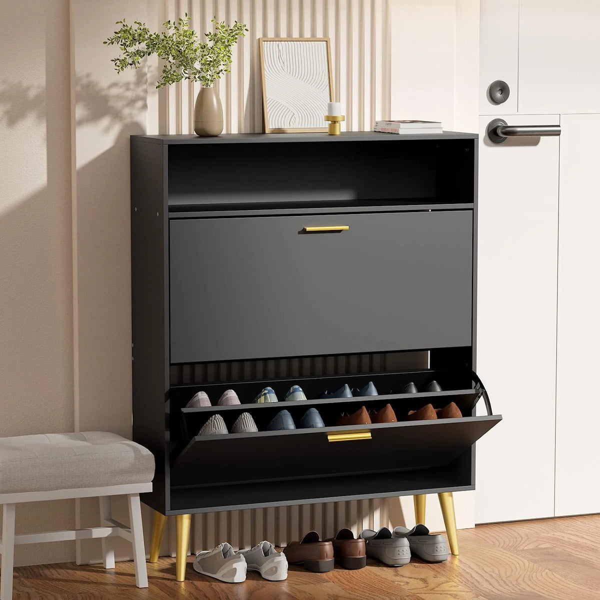 Black Narrow Shoe Cabinet with 2 Flip Drawers P290746