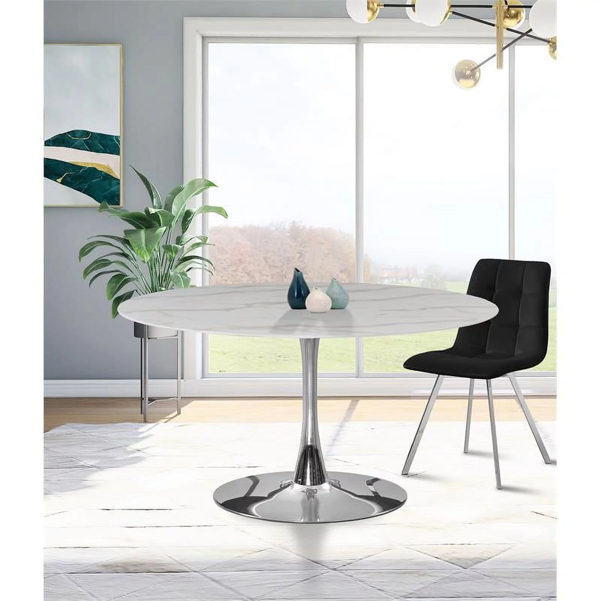 48" Round Faux Marble Top Dining Table with Chrome Base N387015