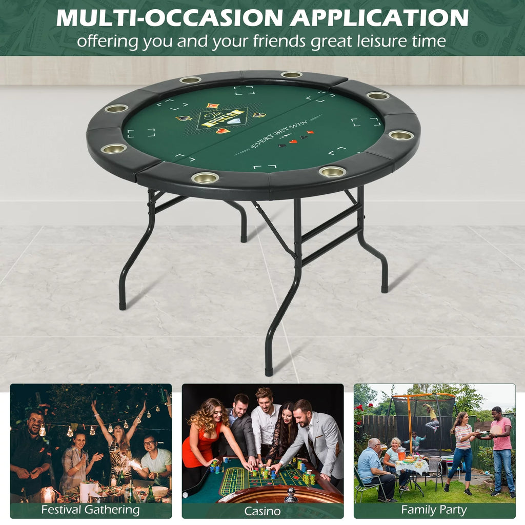 Round Poker Table Foldable 8 Players Stainless Steel Cup Holders Black 48 Inch Z7410