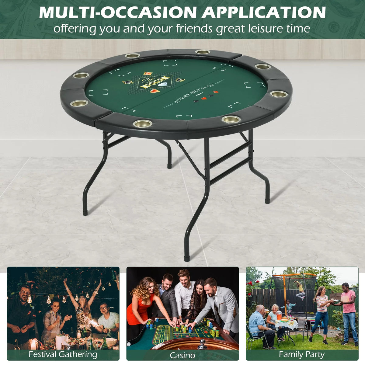 Round Poker Table Foldable 8 Players Stainless Steel Cup Holders Black 48 Inch Z7410