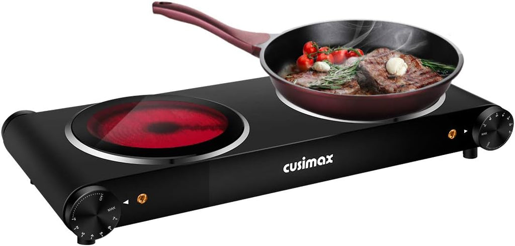 Electric Hot Plate 1500W Single Burner Cast Iron Portable Stove with Adjustable Temperature Control Silver Stainless Steel Non-Slip Rubber Feet Pack of 2 Q340