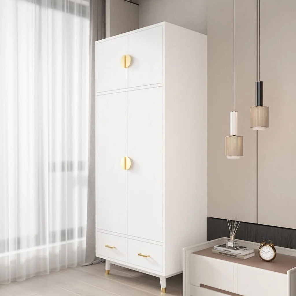 4 Door Wood Wardrobe with Clothing Rod and 2 Drawers, White T293424