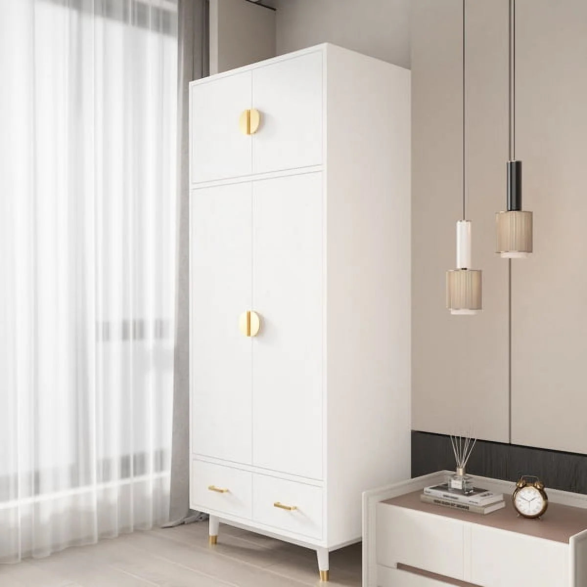 4 Door Wood Wardrobe with Clothing Rod and 2 Drawers, White T293424