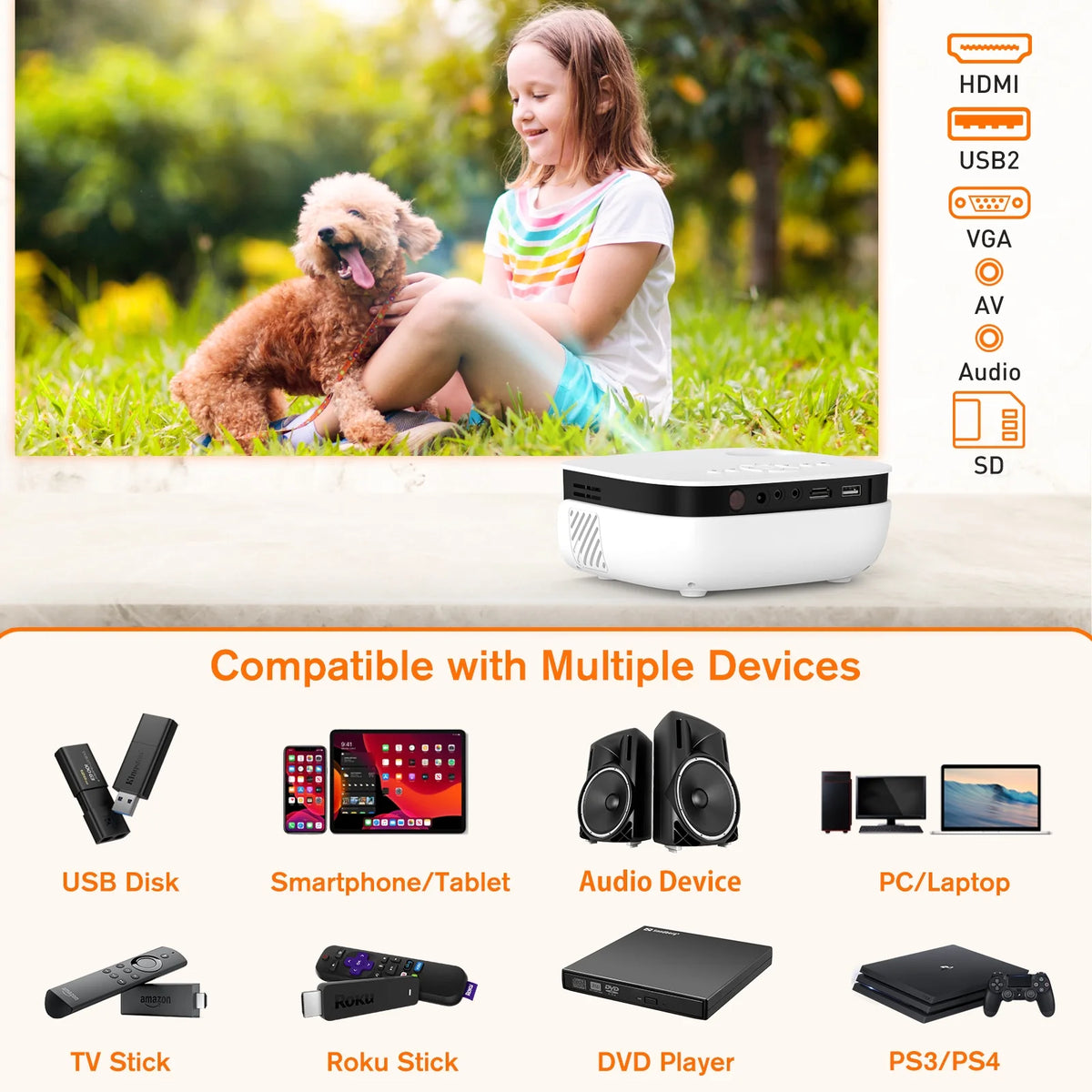 Mini Projector 720P Portable Full HD Home Theater Projector L25772