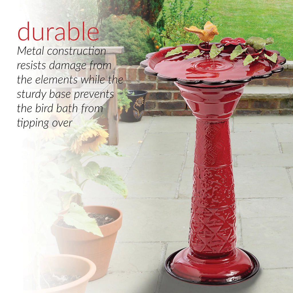 28-Inch Metal Bird Bath with Birds and Leaves, Red N416780
