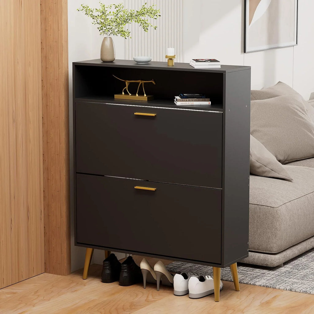 Black Narrow Shoe Cabinet with 2 Flip Drawers P290746