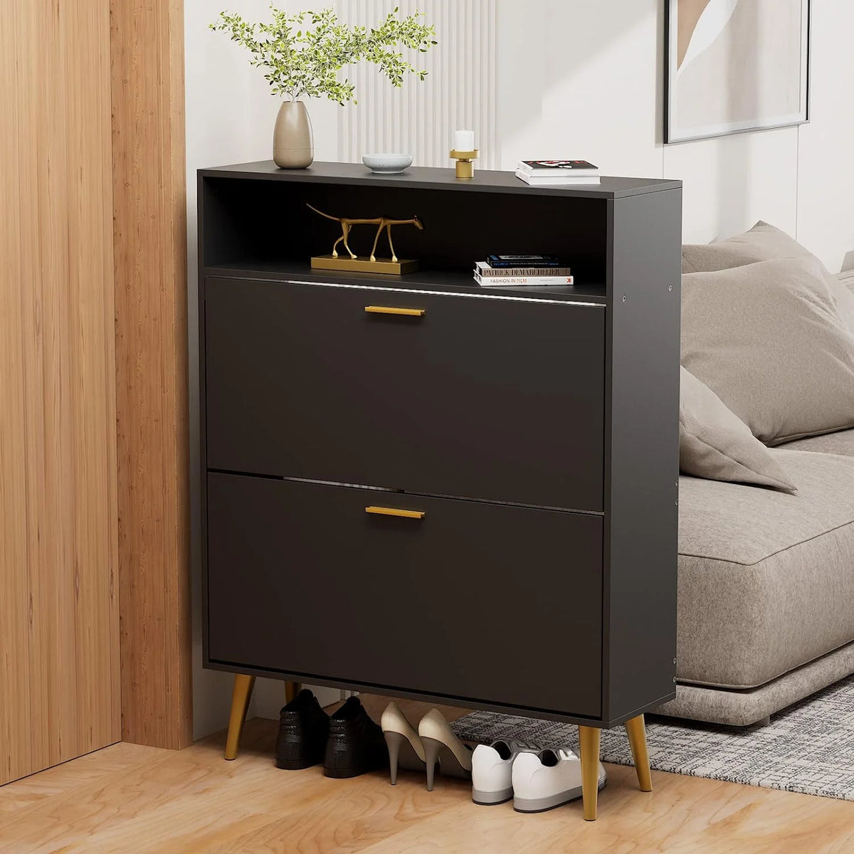 Black Narrow Shoe Cabinet with 2 Flip Drawers P290746
