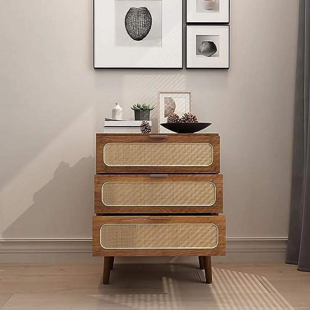 Rattan 3 Drawer Wood Dresser Cabinet H257