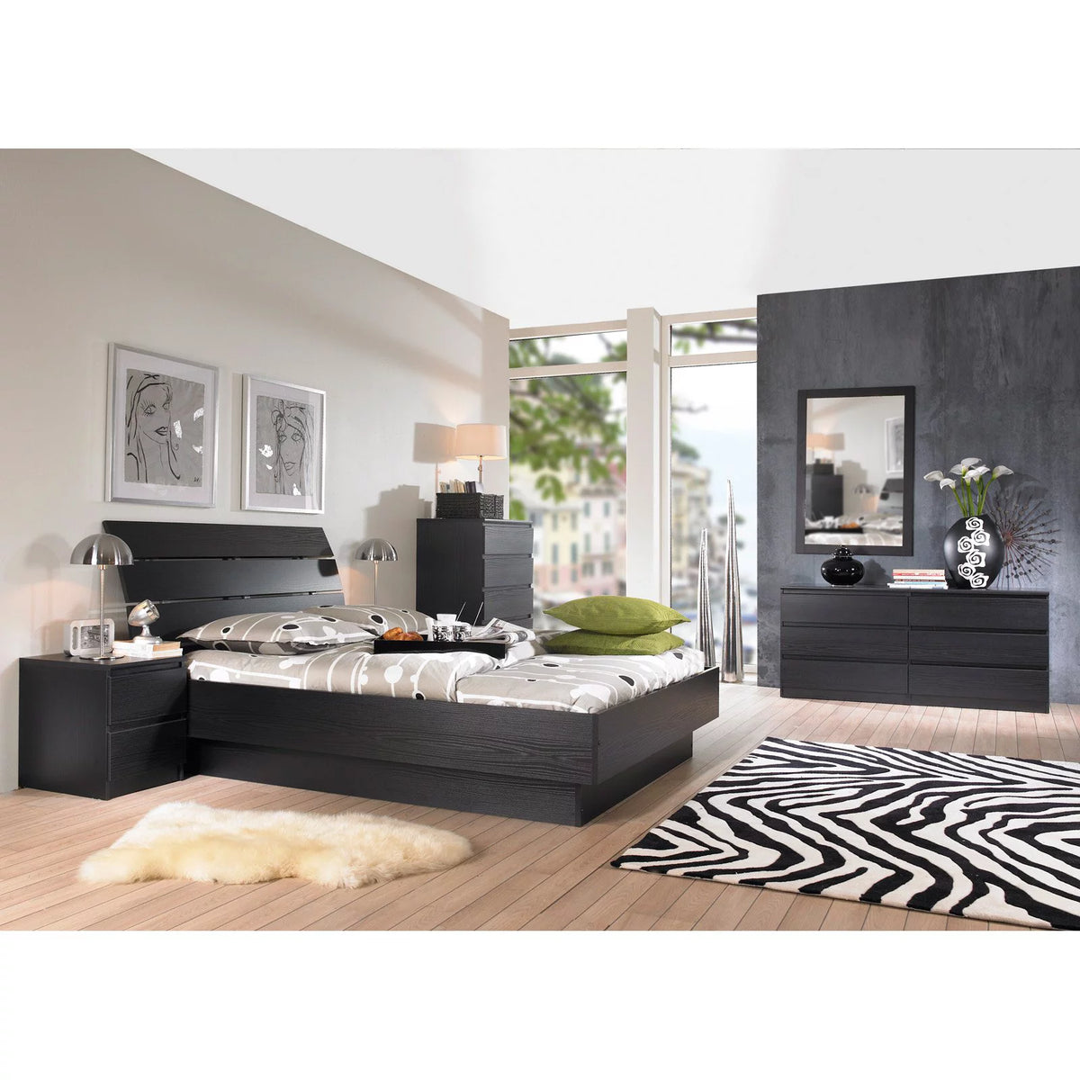 Queen Bed with Slats Black Woodgrain Z6874