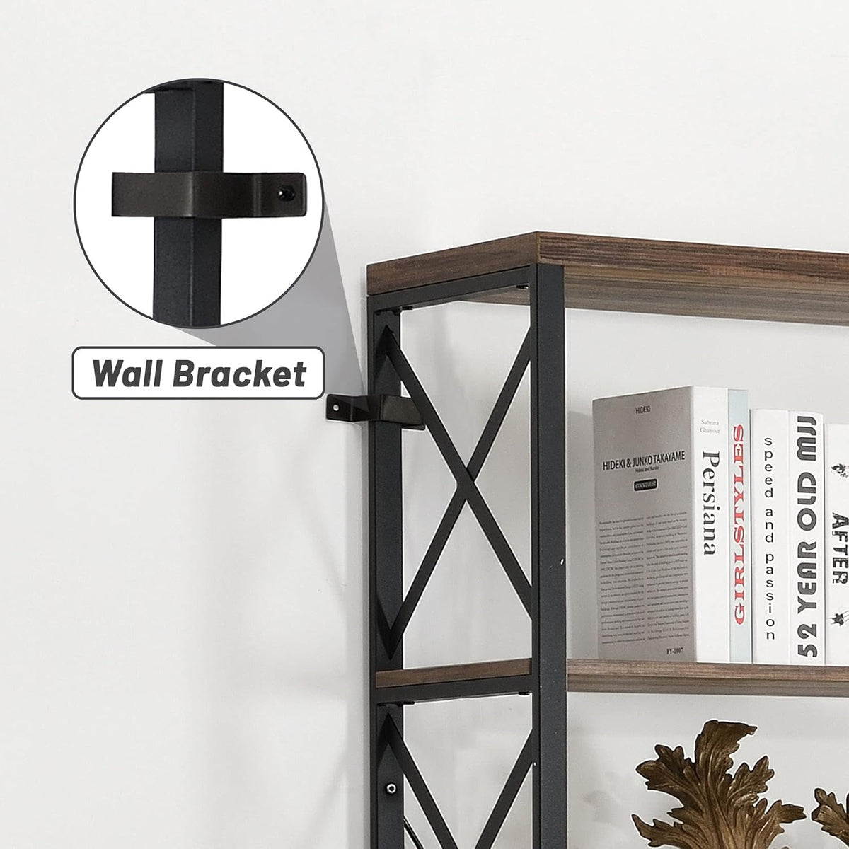 Vintage Brown 6-Tier Industrial Bookshelf with Metal Frame W9445