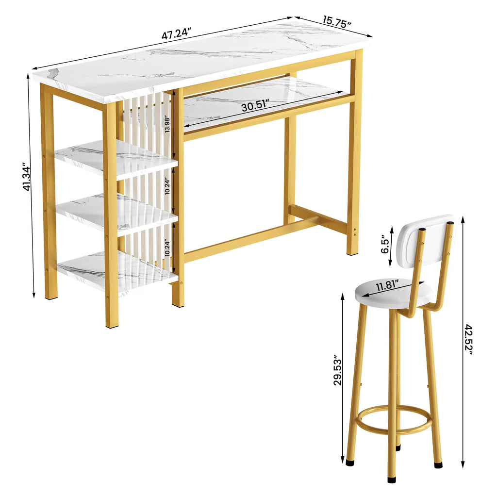 White Gold Bar Table Set with 2 PU Upholstered Stools and 4 Storage Shelves T343
