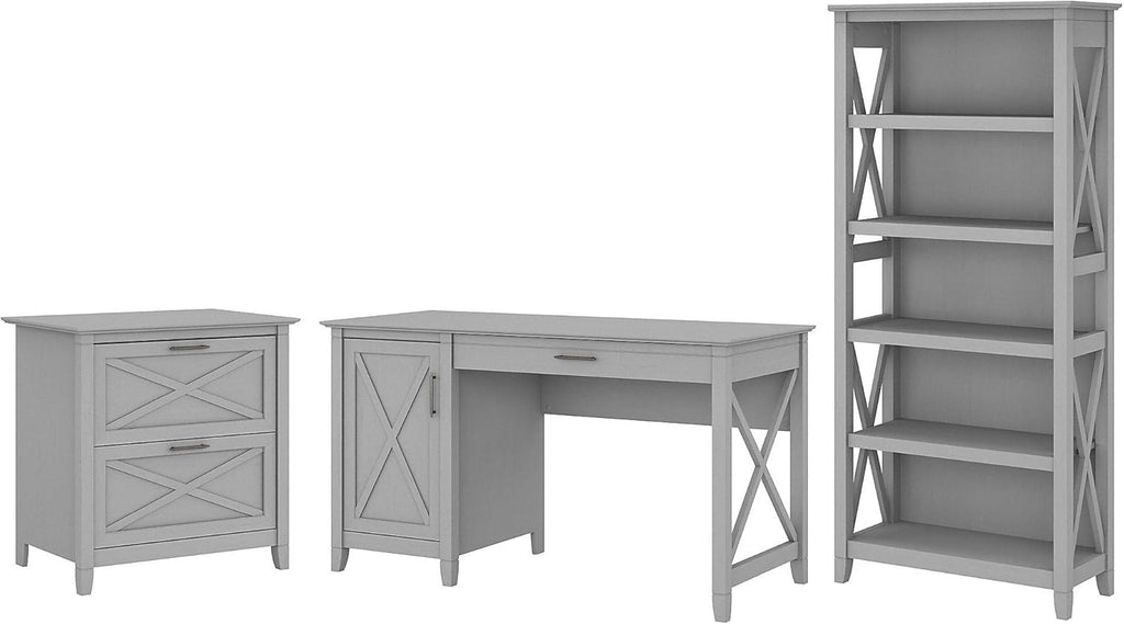 54W Reclaimed Pine Computer Desk with 2 Drawer Lateral File Cabinet and 5 Shelf Bookcase I7040