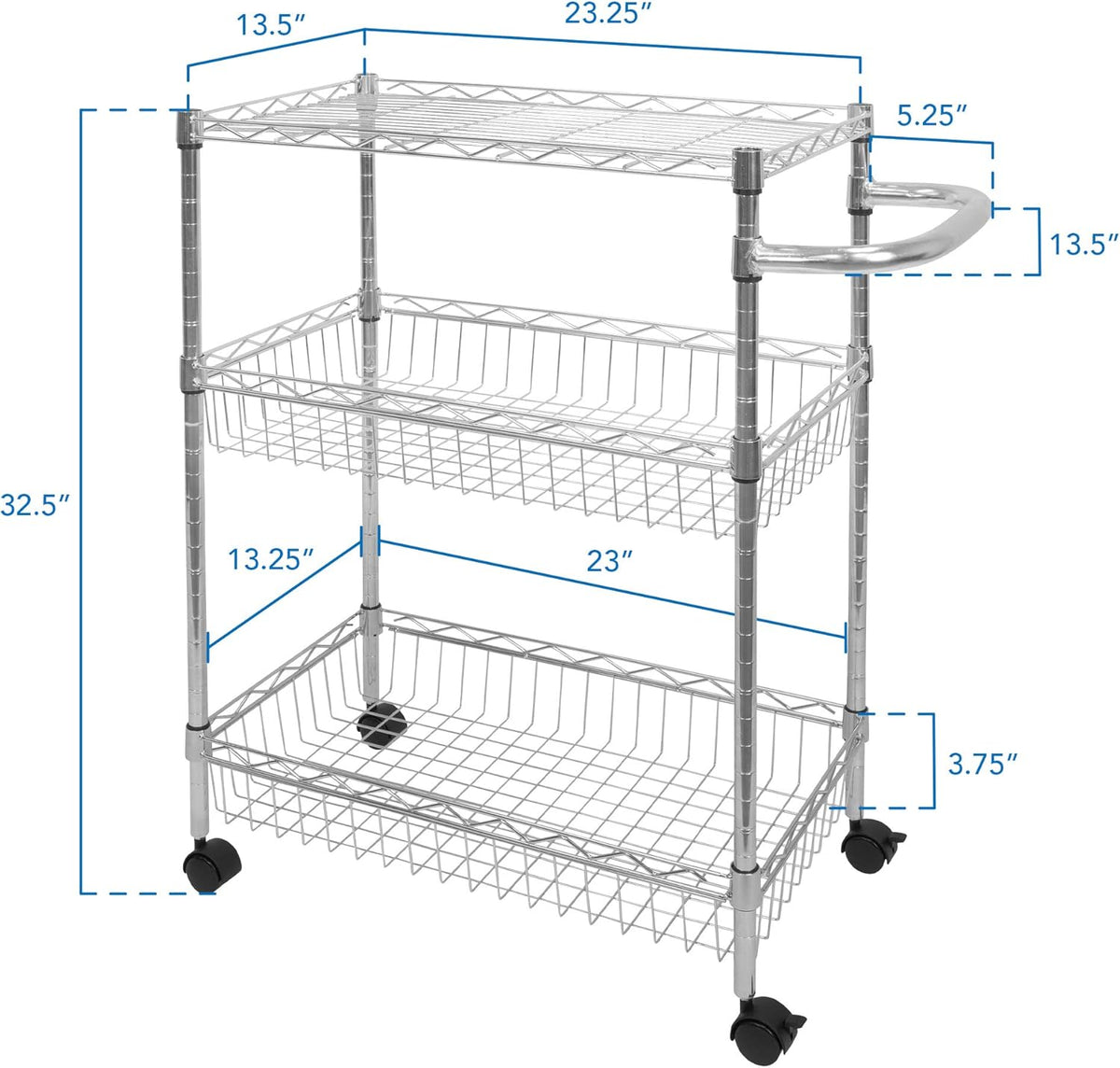 3-Tier Silver Metal Rolling Cart with Wheels A380612