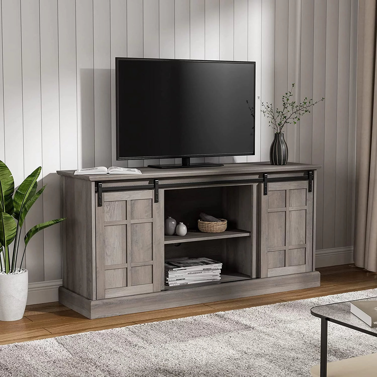 Wash Gray 58" TV Stand with Sliding Barn Door Z616