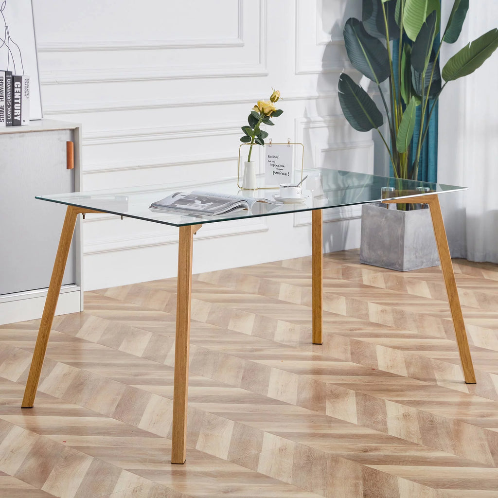 Glass Dining Table Rectangular with Tempered Glass Tabletop and Black Metal Legs T181