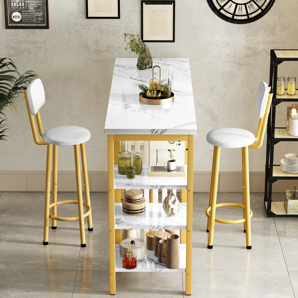 White Gold Bar Table Set with 2 PU Upholstered Stools and 4 Storage Shelves T343