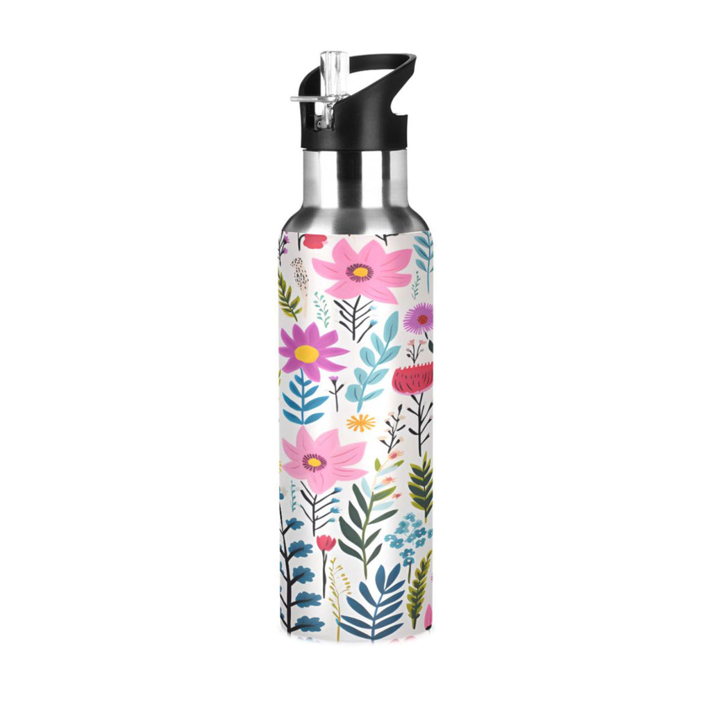 Pink Blue Flowers Stainless Steel Insulated Water Bottle with Straw Lid S540543
