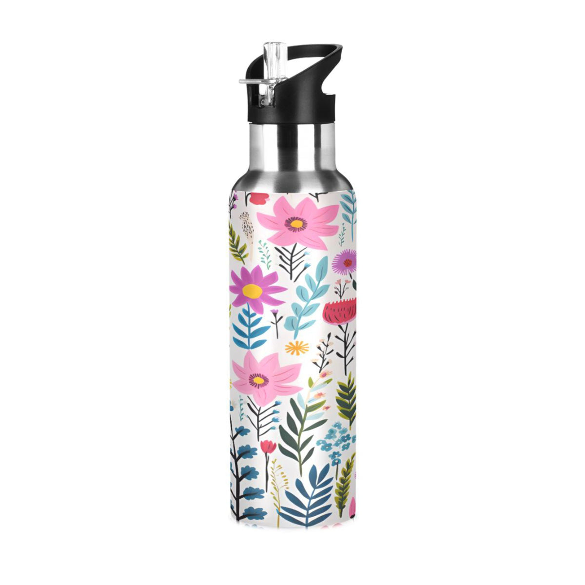 Pink Blue Flowers Stainless Steel Insulated Water Bottle with Straw Lid S540543