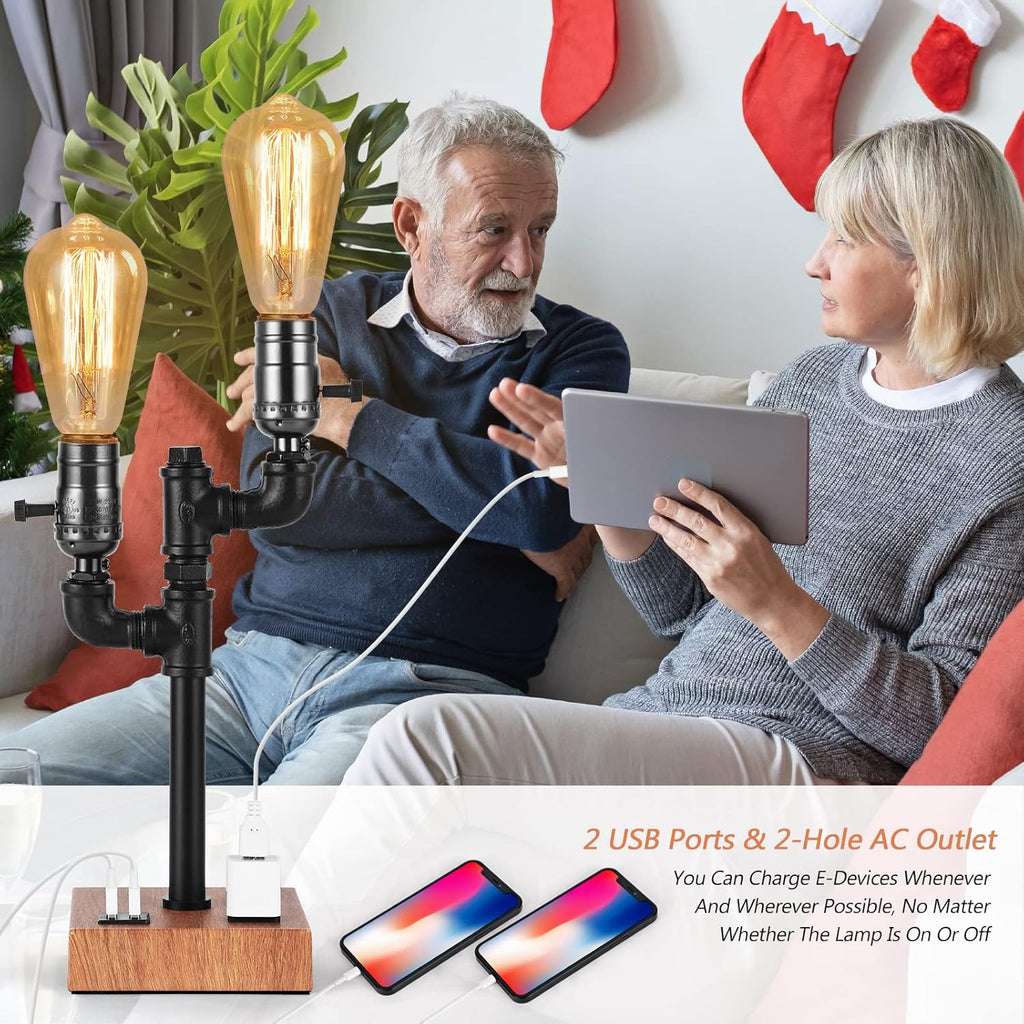 Industrial Table Lamp with 2 USB Ports AC Outlet Wood Base D7394