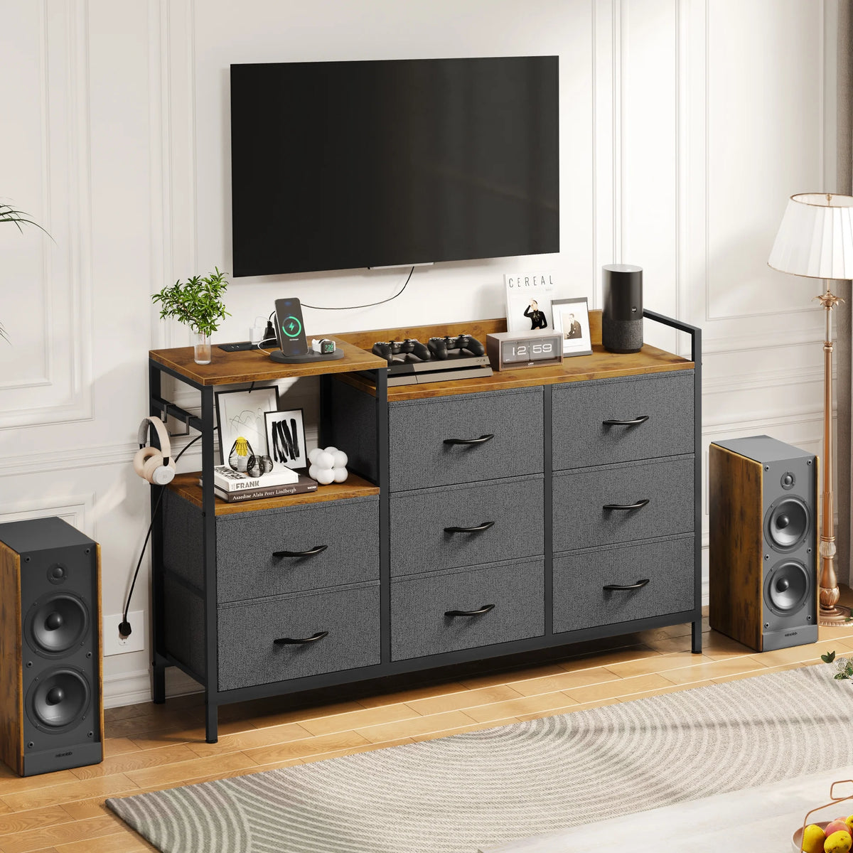 Black 8 Drawer Dresser with Charging Station D853491
