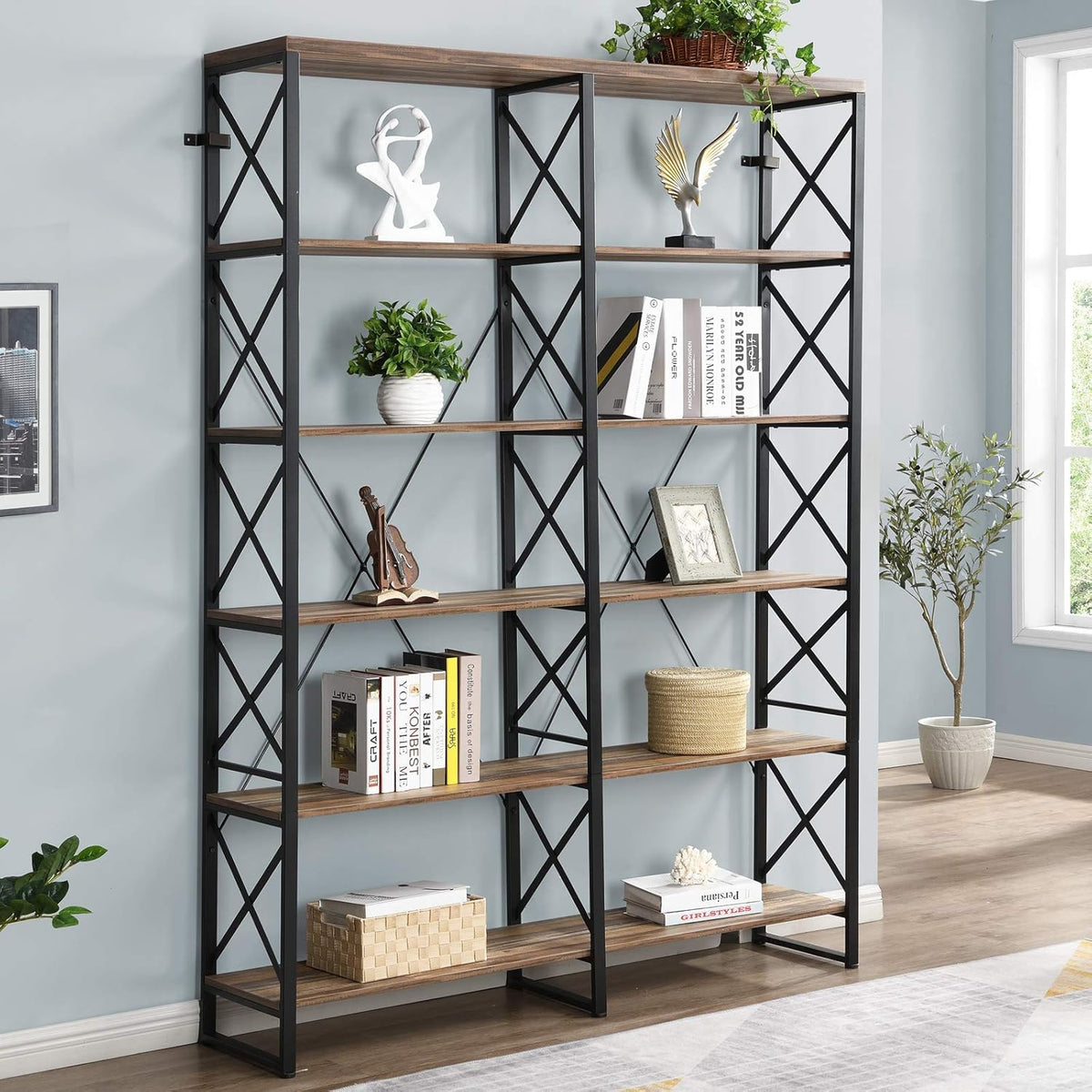 Vintage Brown 6-Tier Industrial Bookshelf with Metal Frame W9445