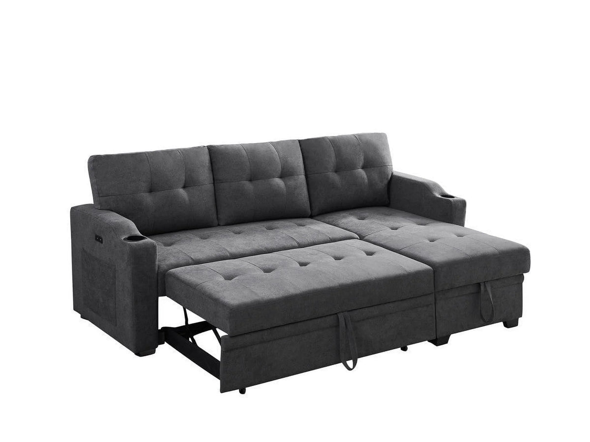 Dark Gray Woven Fabric Sleeper Sectional with Cupholder, USB Charging Port and Pocket F264