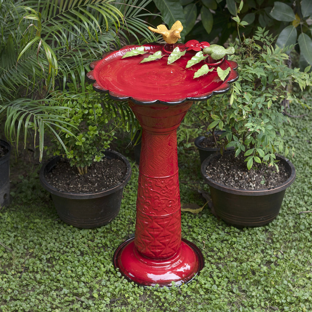 28-Inch Metal Bird Bath with Birds and Leaves, Red N416780