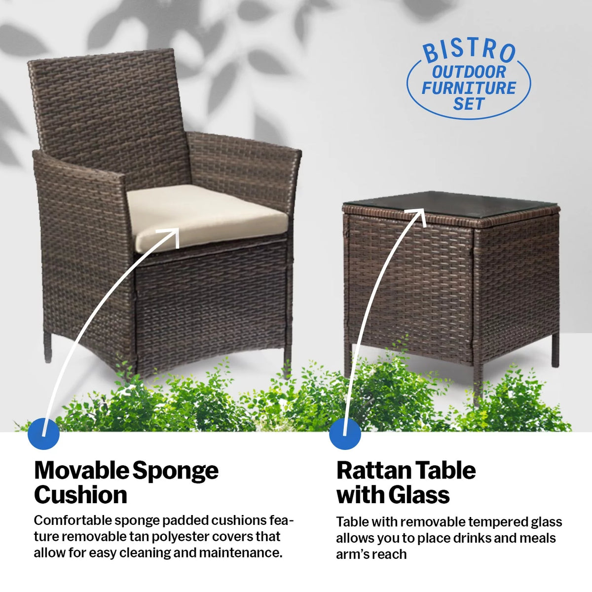 3 Piece Rattan Bistro Patio Furniture Set W73643