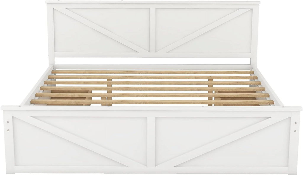 White Wood Platform Bed Frame with 4 Storage Drawers U6498