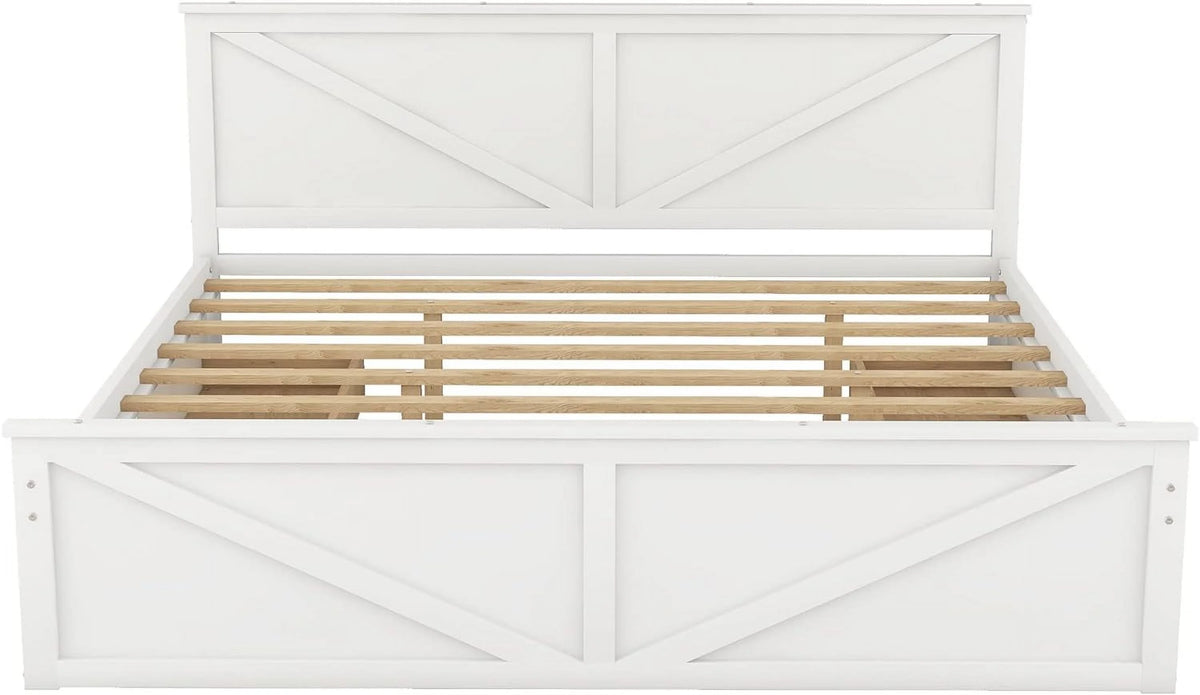 White Wood Platform Bed Frame with 4 Storage Drawers U6498