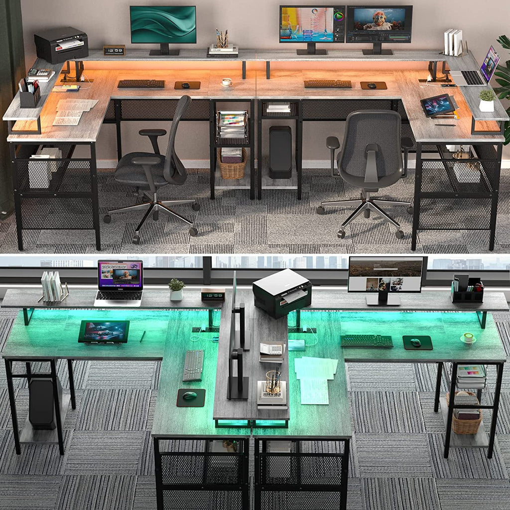 White Oak 55 inch L Shaped Desk with Power Outlets and LED Light G542872