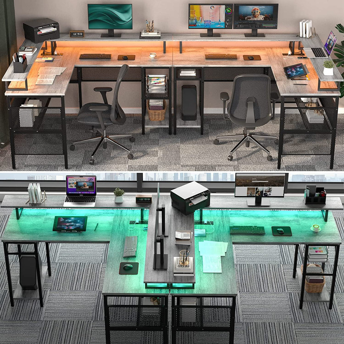 White Oak 55 inch L Shaped Desk with Power Outlets and LED Light G542872