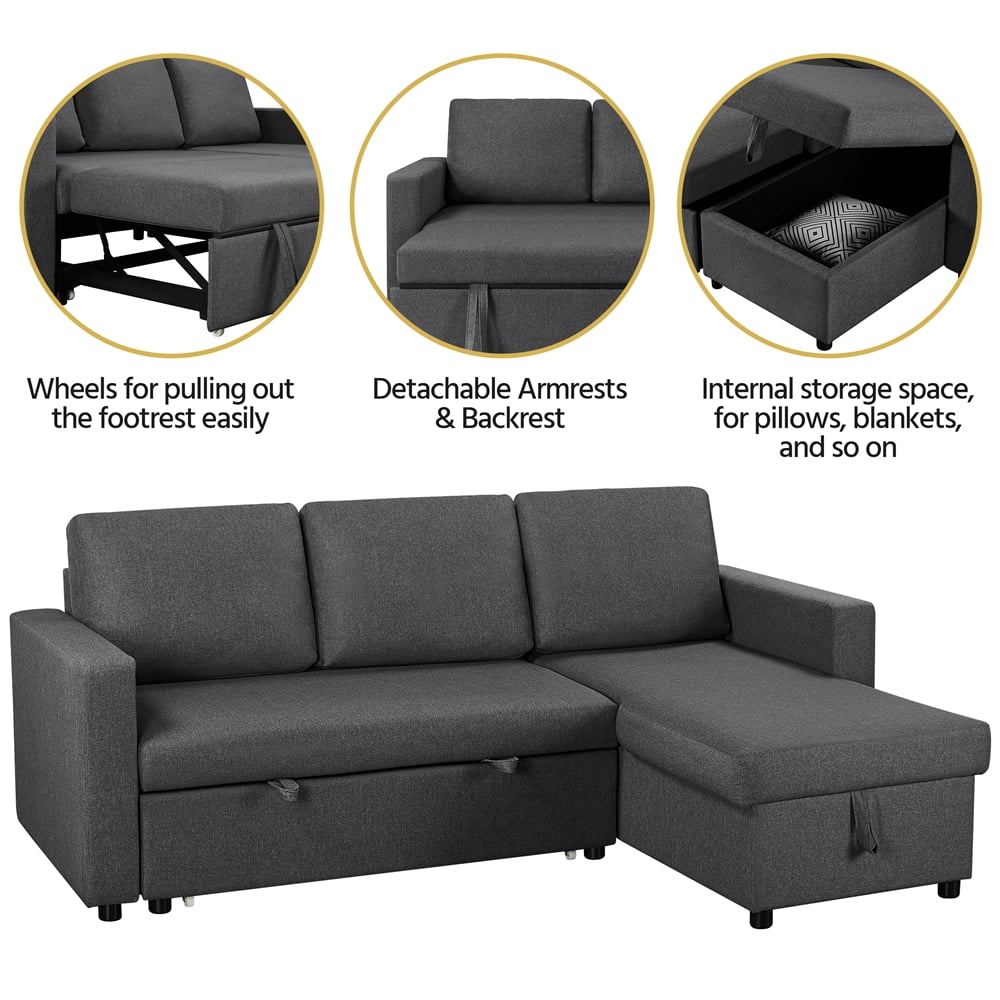 Light Gray Reversible Sleeper Sofa with Pull Out Bed and Storage Q39495