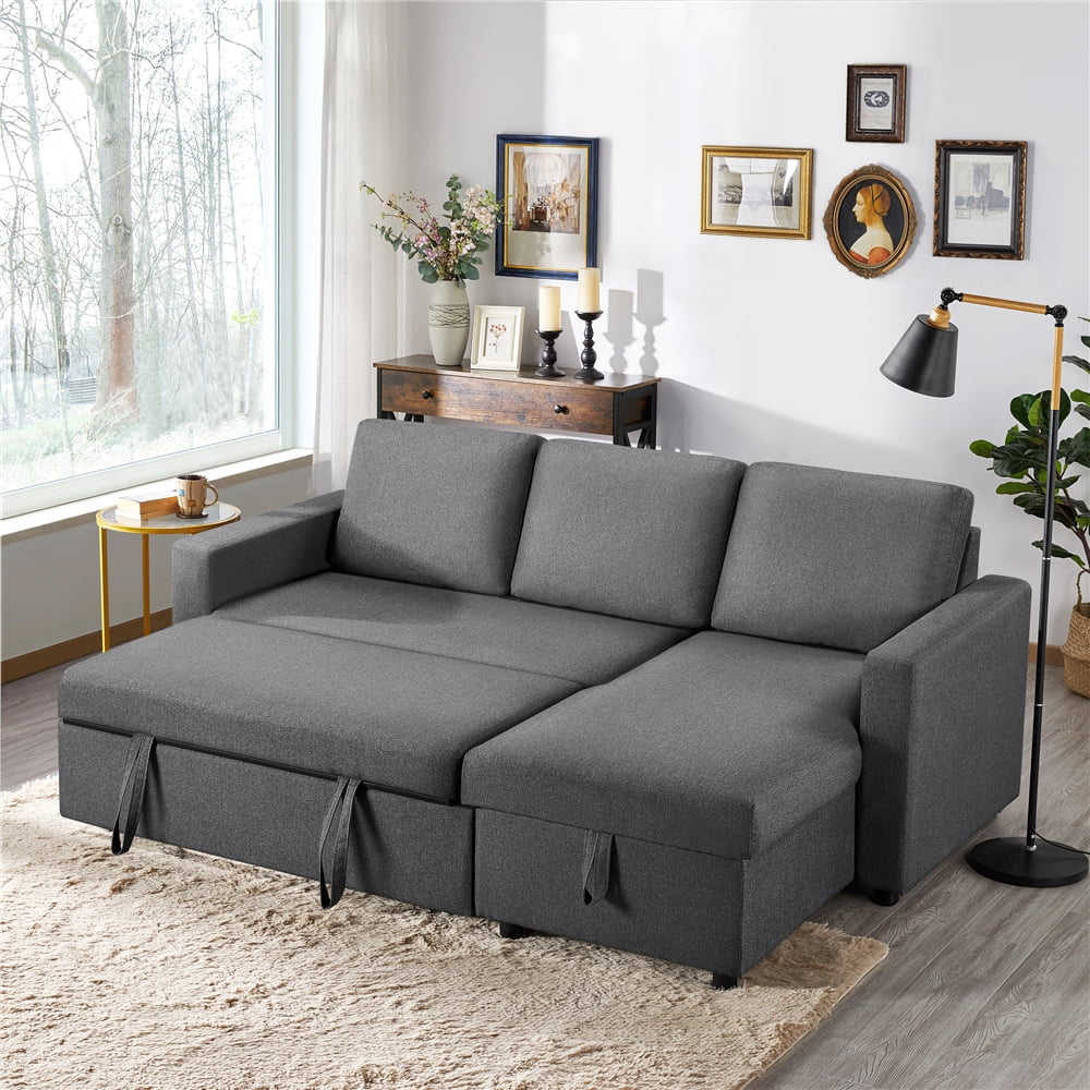 Light Gray Reversible Sleeper Sofa with Pull Out Bed and Storage Q39495