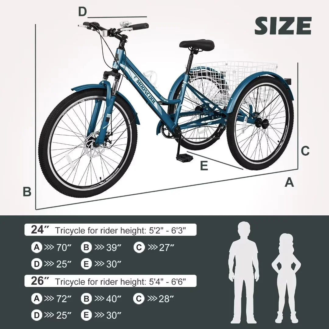 Adult Tricycle 7 Speed 26 Inch Three Wheel Bike with Shopping Basket A995