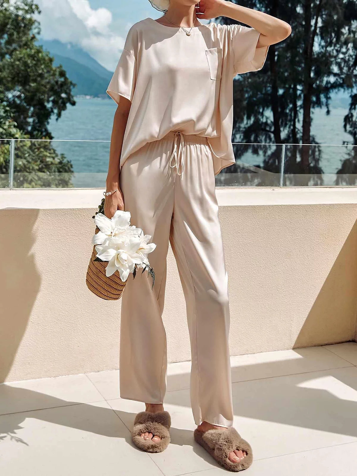 Silk Satin Short Sleeve Long Pant Pajama Set Q28695
