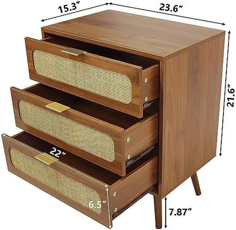 Rattan 3 Drawer Wood Dresser Cabinet H257