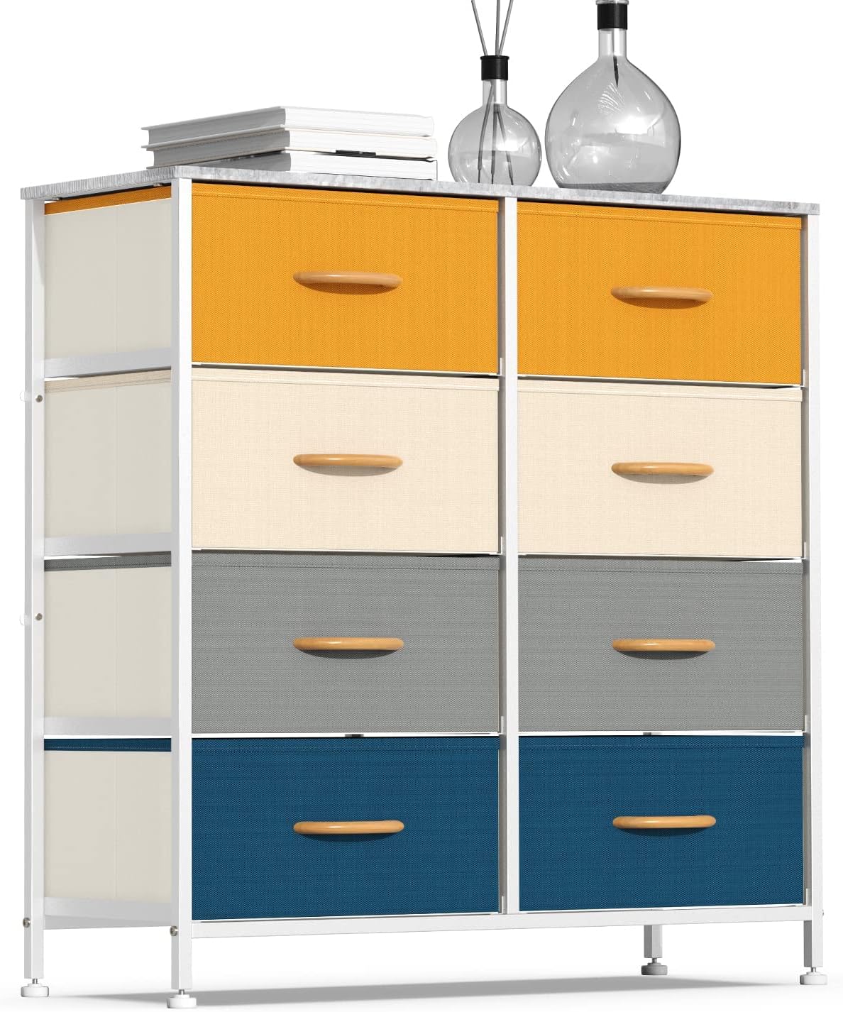 Vertical Dresser Storage Tower, Steel Frame, Wood Top, Fabric Bins, 8 Drawers, Dark Indigo Q155