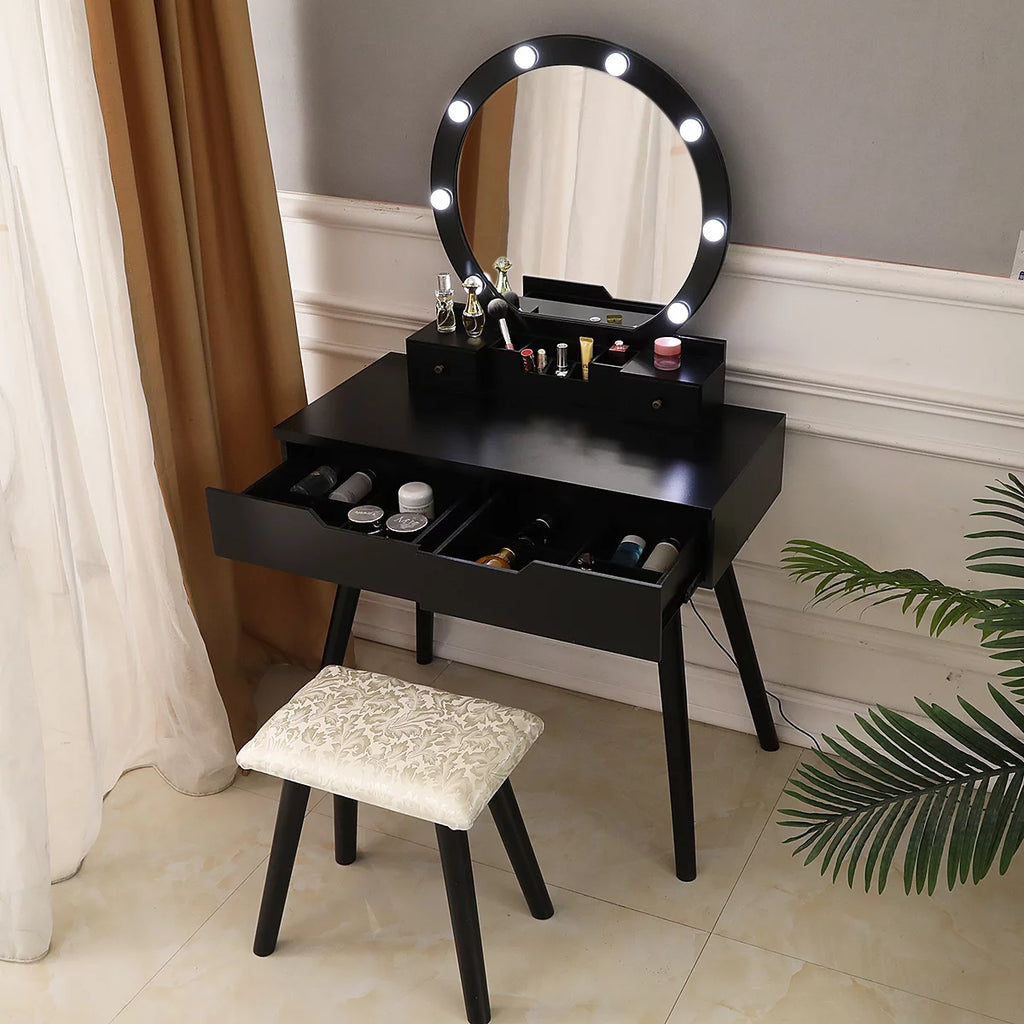 Black Wooden Dressing Table with Lighted Mirror and Cushioned Stool L676