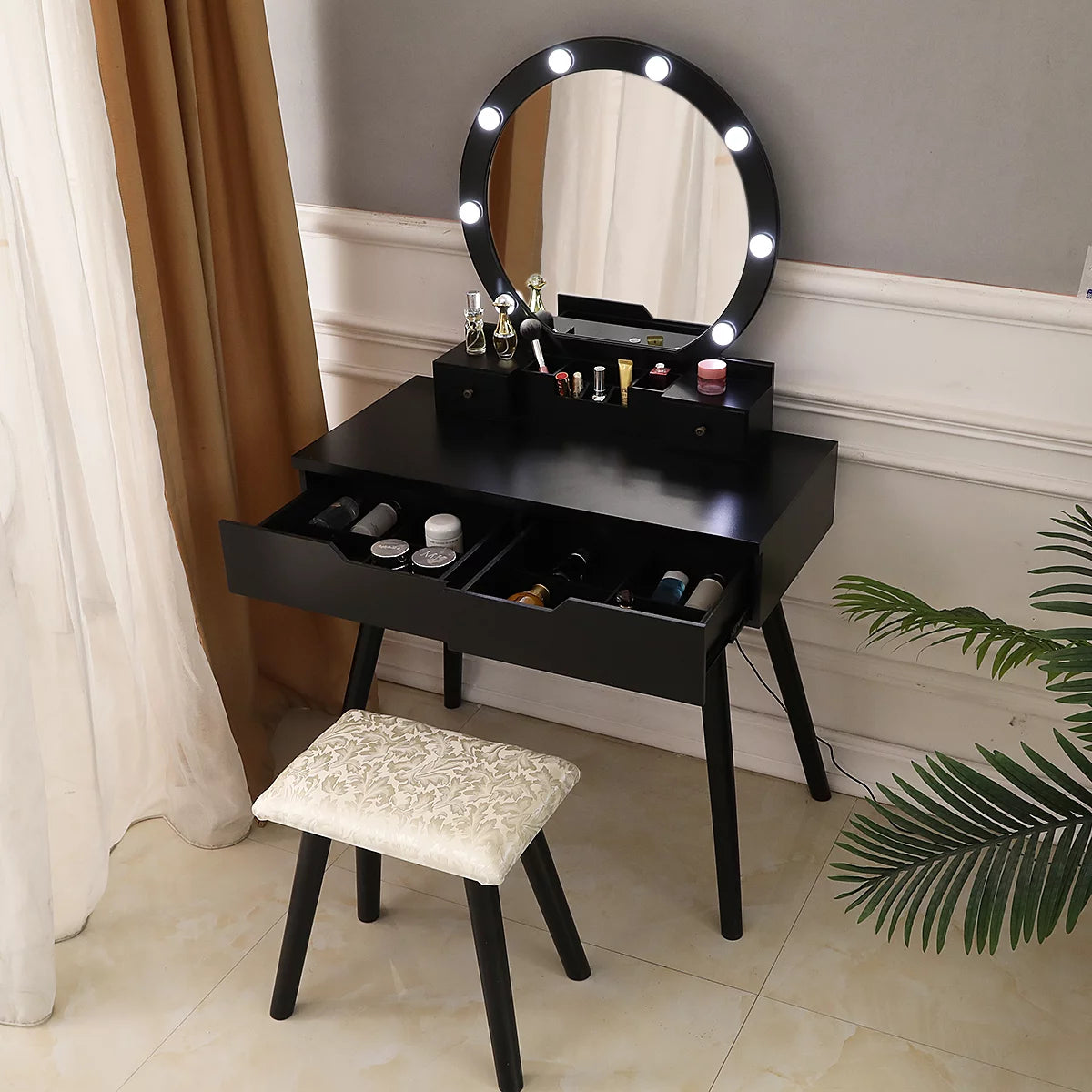 Black Wooden Dressing Table with Lighted Mirror and Cushioned Stool L676