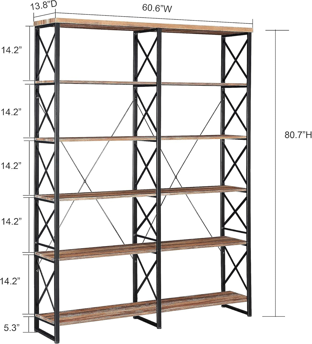 Vintage Brown 6-Tier Industrial Bookshelf with Metal Frame W9445