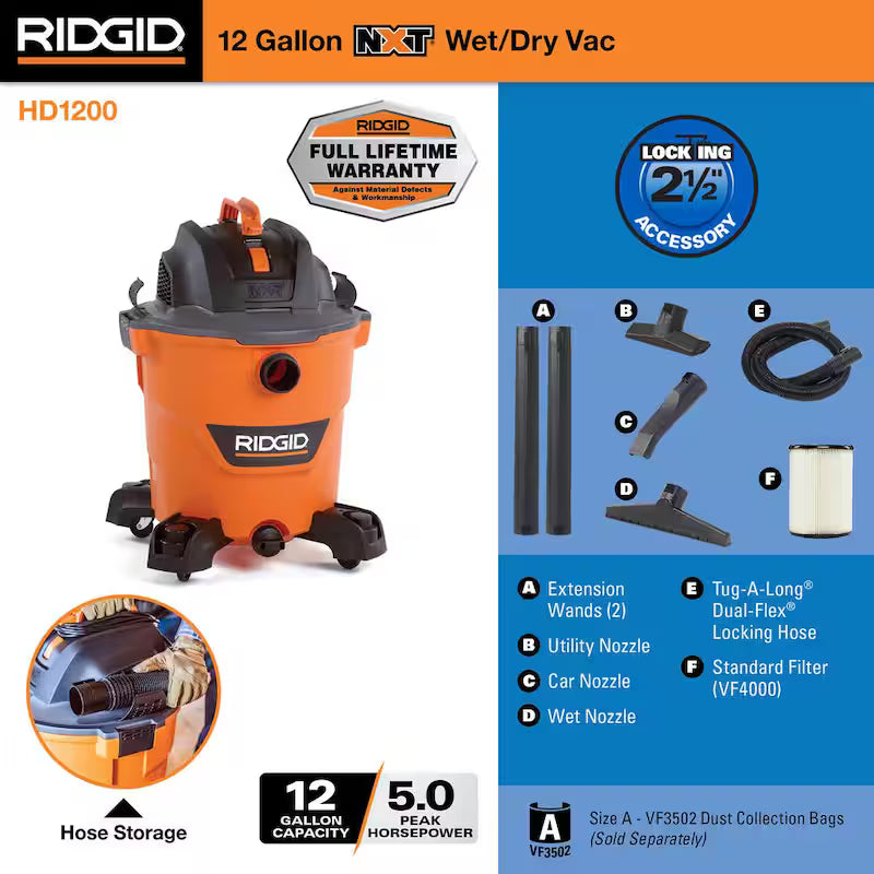 12 Gallon 5.0 Peak HP Wet/Dry Shop Vacuum with Hose and Accessories F628321